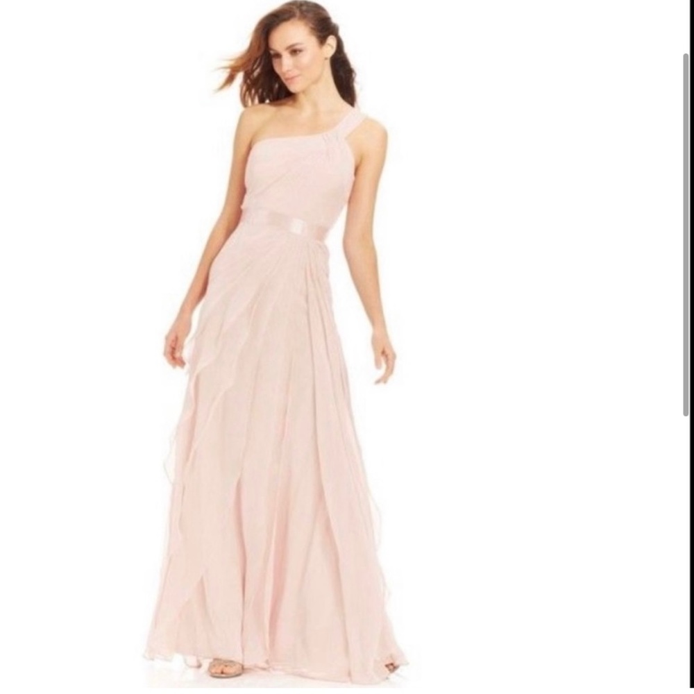 Adrianna Papell Blush Pink Chiffon Ruffled One Shoulder Evening Dress size 4